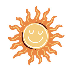 Smiling yellow sun with closed eyes and wavy orange rays. Cheerful cartoon doodle style. Outline vector illustration for kids design, stickers, or summer decor.