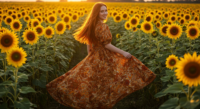Woman in floral dress spinning in a sunflower field at sunset golden hour photography portrait session