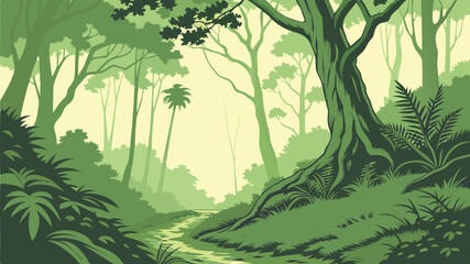 Lush Forest Scene Vector Illustration with Green Trees