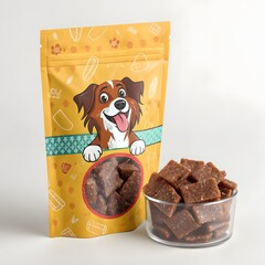 Dog treats in a yellow bag with a dog cartoon and a bowl of treats on a white background