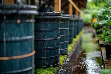Fototapeta premium Water barrels reused for flower planting high resolution picture