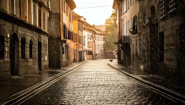 Rainy Day in a Quaint European Town Cobblestone Street Scene