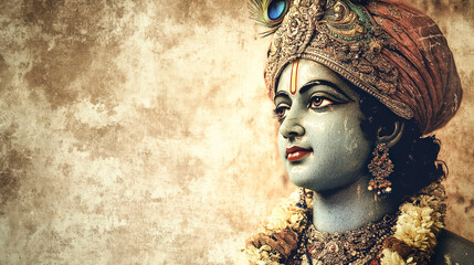 Hindu God Lord Krishna Indian God Hindu Mythology Spiritual Deity Religious Figure Blue Skinned God Peacock Feather Flower Garland Ornate Jewelry Divine Being Janmashtami Celebration