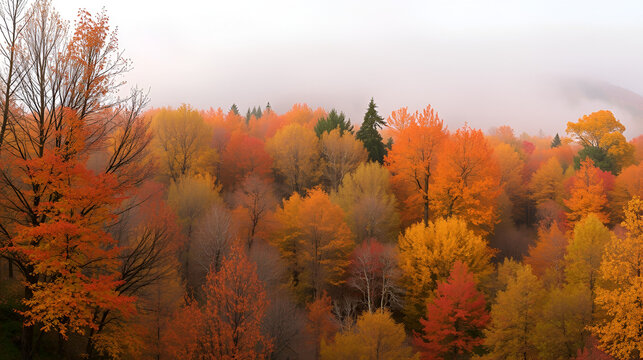 paesaggio autunnale tranquillo e colorato. Alberi alti e maestosi con foglie