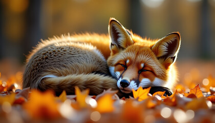 Obraz premium Sleeping fox curled up among autumn leaves in a tranquil forest setting