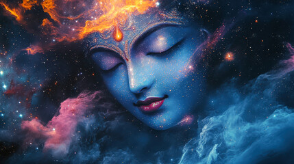 Hindu God Krishna in Space with Nebula and Stars Cosmic Deity Spiritual Art Fantasy Illustration