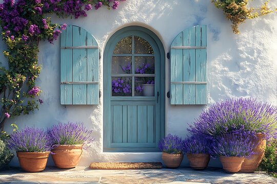Provence style window with terracotta flowers high resolution picture