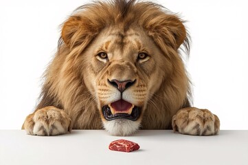 Obraz premium hungry lion, small food quantity, appetite, animal fight food, fierce expression, raw instinct, visual tension, food temptation, primal impulse, predator, table scene, food on table, white background,