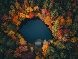 Overhead view of a hidden forest lake, encircled by dense autumn foliage in red, orange, and gold tones, almost camouflaged from the sky. A small cabin roof barely visible near the shore. 