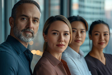 A close-up photo of a business team, shoulder-up framing, diverse group, focused expressions.