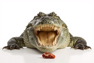 Obraz premium hungry crocodile, small food quantity, appetite, animal vs food, fierce expression, raw instinct, visual tension, food temptation, primal impulse, predator, table scene, food on table, white backgroun