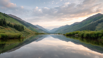 Fototapeta premium breathtaking view of serene mountain lake in colorado with sky reflecting vibrant hues of sunset