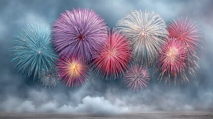 Multicolor Fireworks over Cloudy Stage