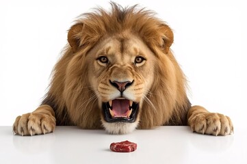 Fototapeta premium hungry lion, small food quantity, appetite, animal fight food, fierce expression, raw instinct, visual tension, food temptation, primal impulse, predator, table scene, food on table, white background,