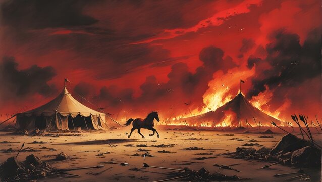 Dramatic Karbala War Scene with Burning Tent and Lone Horse at Dusk