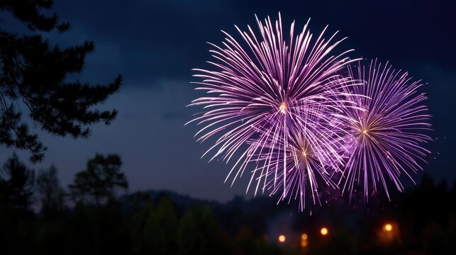 Purple Fireworks in Night Sky over Forest - Powered by Adobe