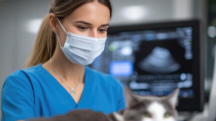 Female Vet in Mask Examining a Cat with Ultrasound