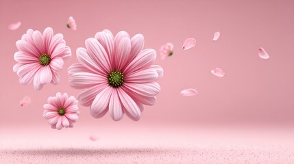 Pink Daisies with Petals Floating on Pink Background