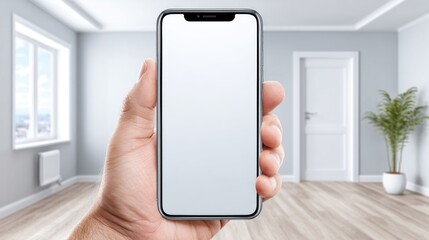Hand Holding Smartphone with Blank Screen in Modern Room