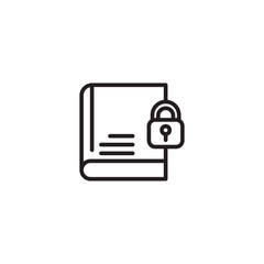 Obraz premium A simple black and white line art icon depicting a book with a padlock on its cover, symbolizing file security, data protection, or restricted access to information.