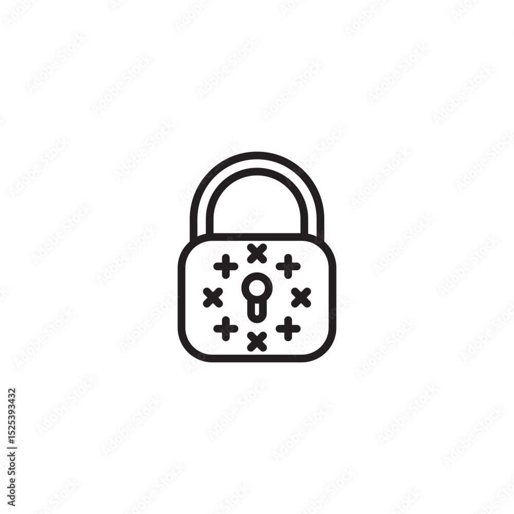 Aufkleber an icon of a padlock with a keyhole surrounded by plus and multiplication symbols, suggesting strong