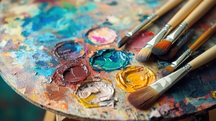 Fototapeta premium A Colorful Artist's Palette with Paintbrushes