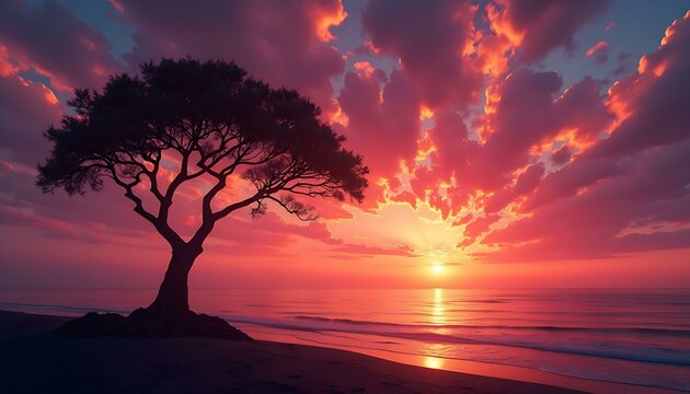 Beach sunset tree silhouette ocean horizon clouds colorful sky nature landscape scenic view