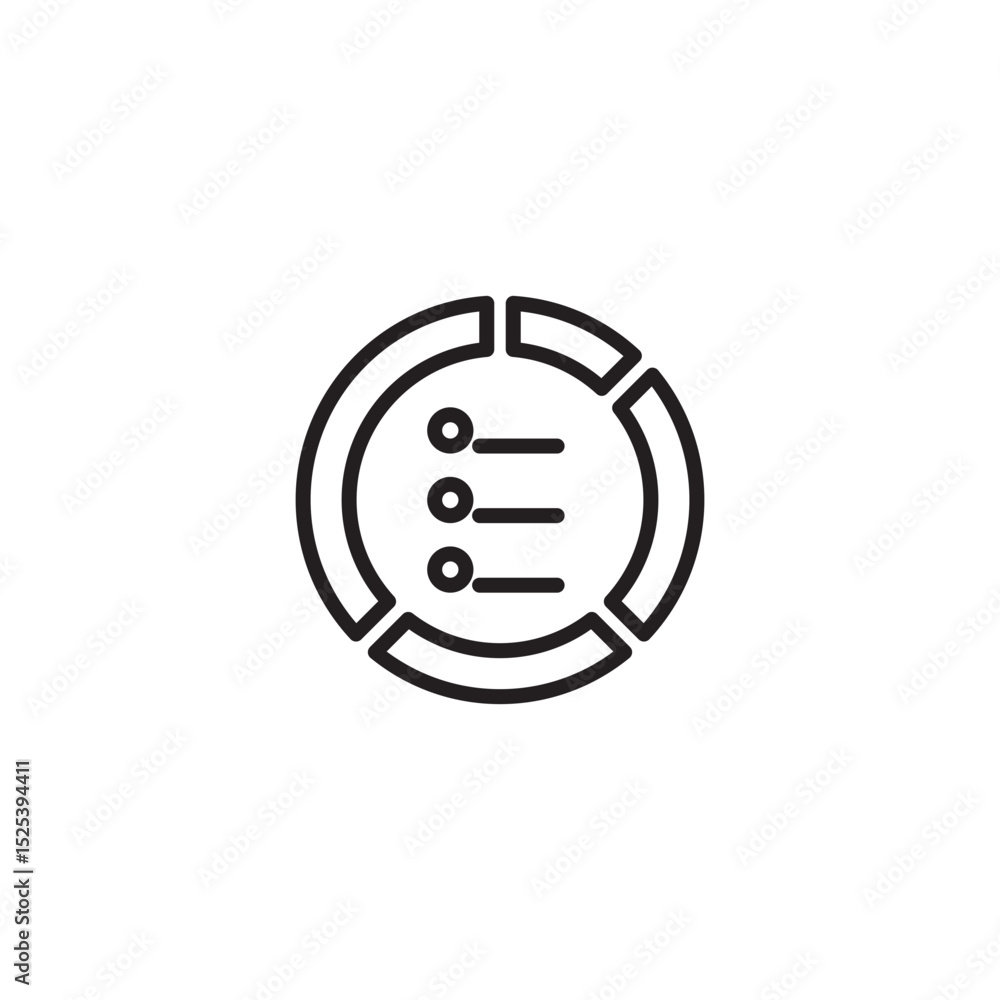 Aufkleber an outline icon showing a circular frame with a list of three bullet points in the center, suggestin