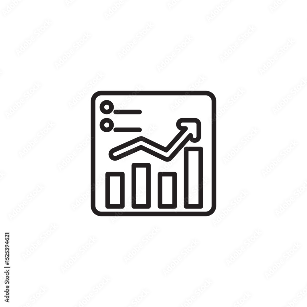 Fototapete an icon showing a combination of a bar chart, a rising line graph with an arrow, and text lines with