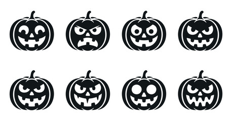 Collection of Halloween Pumpkin Faces with Various Expressions Spooky Angry Happy and Mischievous all in Black and White Isolated on a White Background