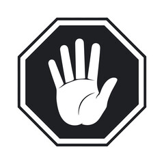 Black and White Stop Sign with a White Hand Representing Halt Prevention or a Call for Attention Isolated on a White Background black
