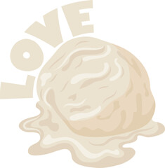 icon of a scoop of melting vanilla ice cream with the word love, for printing and social media