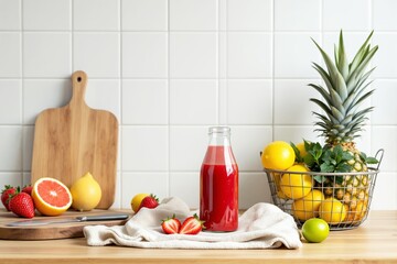 Fresh fruit juice bottle with strawberries, lemons, lime, and pineapple on kitchen table in natural style against white tile background. Concept of healthy drink. Ai generative