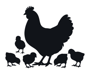 Silhouette Illustration of a Hen with Her Chicks Depicting Motherhood Protection and the Cycle of Life in a Simple Graphic Style black silhouette
