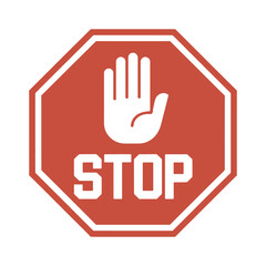 A red stop sign with a white hand and the word STOP in white block letters isolated on a white background creating a clear