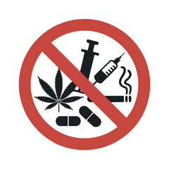 Prohibition Sign Illustrating the Ban of Drug Use Featuring a Marijuana Leaf Pills a Syringe and a Burning Cigarette Encased in a Red Circle