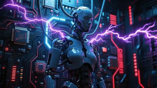 Futuristic Female AI Robot with Electric Sparks in High-Tech Cyber Background