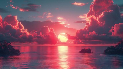 Neon beach fantasy with sunset - Powered by Adobe