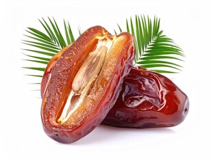 Fresh and Juicy Dates with Palm Leaves on White Background