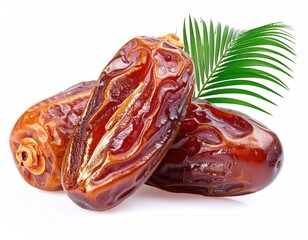 Fresh Medjool Dates with Green Palm Leaf Isolated on White Background