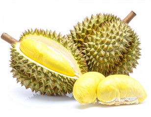 Fresh Durian with Spiky Shell and Creamy Yellow Flesh on White Background