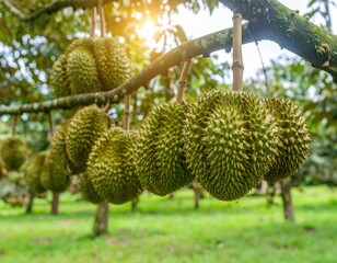 Fresh Durian Fruits Hanging on Tree Branch in Tropical Garden