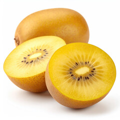 Yellow Kiwi Fruit Halved with Juicy Flesh and Seeds on White Background