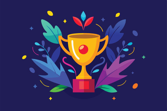 Golden trophy award with colorful floral design