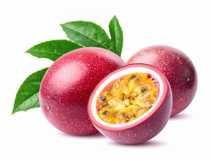 Fresh Passion Fruit with Leaves and Half Cut Showing Juicy Inside