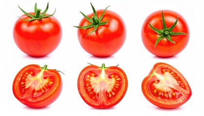 Fresh Red Tomatoes Whole and Sliced on White Background