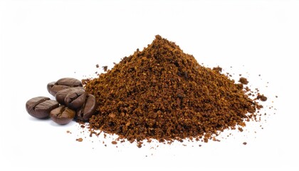 Freshly Ground Coffee Powder with Whole Beans on White Background
