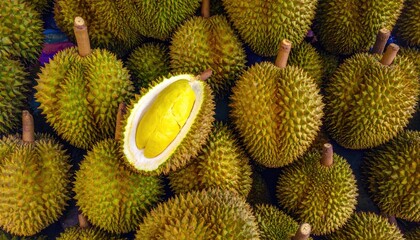 Fresh Durian Fruit Display with Opened Portion Showing Yellow Pulp