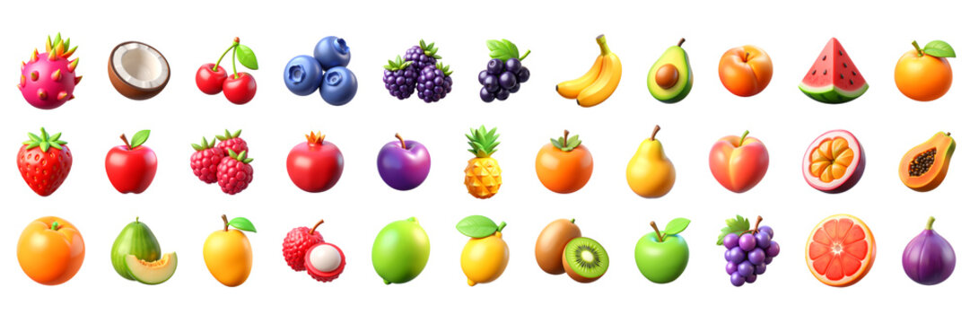 Large Big Set of 3D Fruits Icons – Glossy Minimal Emoji Style, Isolated PNG objects