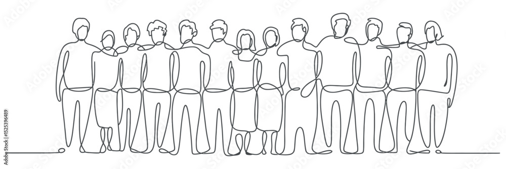 Poster continuous line drawing of a group of people standing together illustrating unity teamwork and conne